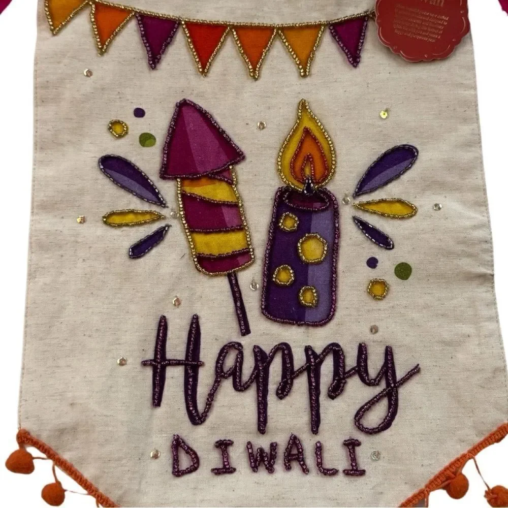 Happy Diwali Colorful Sequin Beaded Tassel Orange Pom Fringed Cotton Banner NWT